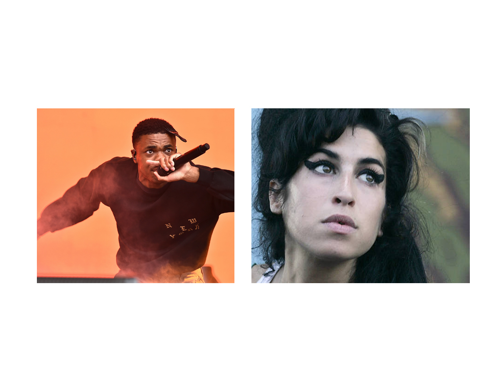 Two images are positioned next to each other. In the left image rapper Vince Staples performs live. He is holding a microphone up to his mouth and standing against an orange backdrop. The right image is a close-up picture of singer Amy Winehouse.